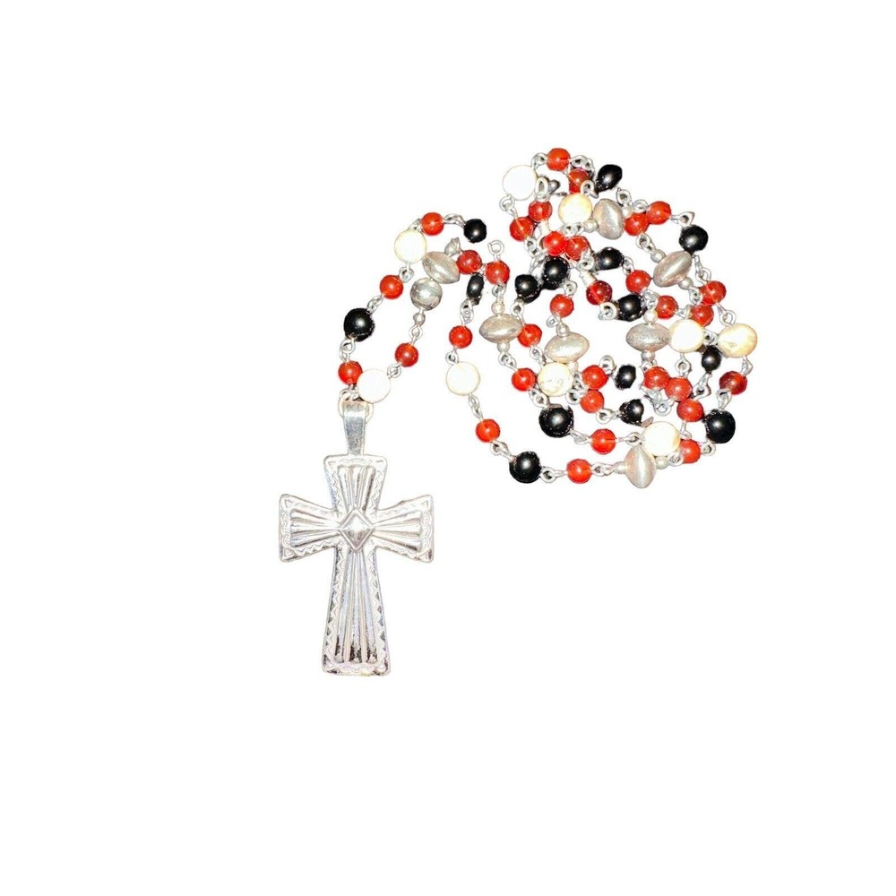 Sterling Silver Hand Hammered Cross Pendant Stone Bead Necklace New Mexico